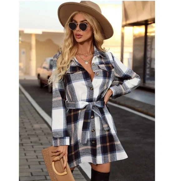 Plaid Long Sleeve Button Front Tie Belted Short Shirt Style Dress - Picture 4 of 11